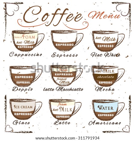 Vector Set Of Coffee Menu With A Cups Of Coffee Drinks In Vintage Style ...