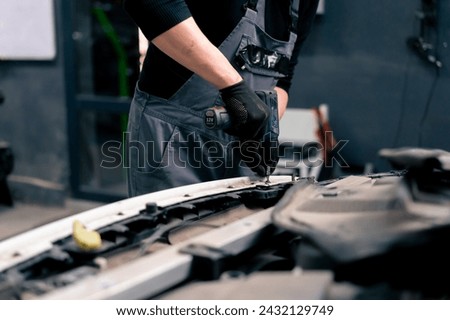 Image, Stock Photo Drill and rag on workbench in garage