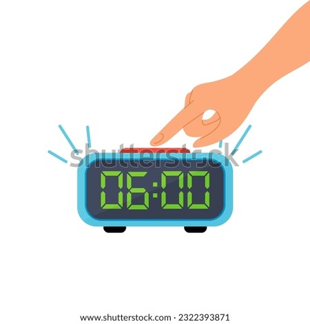 A ringing alarm clock and a hand that turns off the alarm clock. Electronic clock alarm clock with hand in cartoon style isolated on a white background.