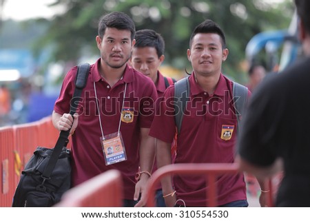 NAKHONRATCHASIMA,THAILAND: action during football friendly match between Nakhonratchasima mazda fc. (SWATCAT)  and Laos  at His Majesty the King\'s80th on August 27,2015 in Thailand