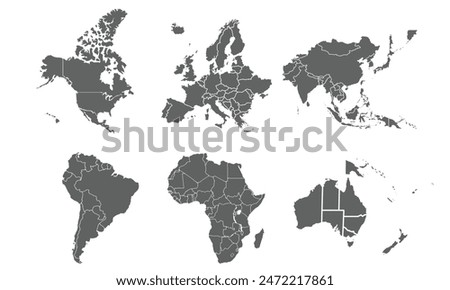 world map divided into continents isolated on white background. for website layouts, reports, annual infographics, world,travel around the world, map silhouette backdrop.