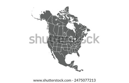 Map north and central america isolated on white background. for website layouts, background, education, precise, customizable, Travel worldwide, map silhouette backdrop, earth geography, political.