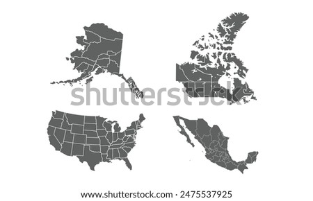 All maps of America isolated on white background. for website layouts, background, education, precise, customizable, Travel worldwide, map silhouette backdrop, earth geography, political, reports.