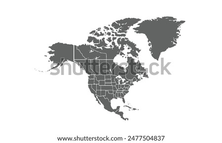 Map of North America isolated on white background. for website layouts, background, education, precise, customizable, Travel worldwide, map silhouette backdrop, earth geography, political, reports.
