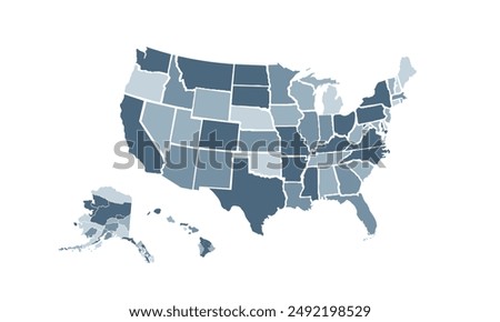 USA map with individual colors,isolated on white background for website layouts,background,education, precise,customizable,Travel worldwide,map silhouette backdrop,earth geography, political,reports