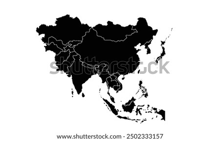 Asia map Silhouette isolated on white background. for website layouts, background,education,precise, customizable,Travel worldwide, map silhouette backdrop, earth geography, political,reports.