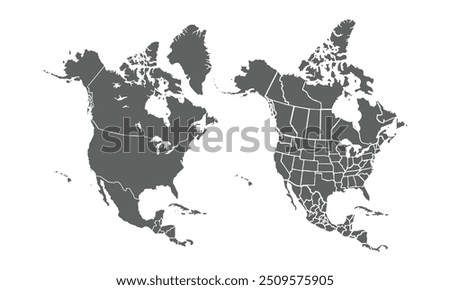 Detailed Map of North America with isolated countries.United States, Canada ,Mexico. New York City, Los Angeles, Chicago, Toronto, Mexico City, Washington D.C., Miami, San Francisco, Houston.