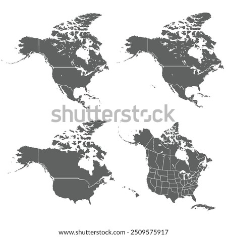 Detailed Map of North America with isolated countries.United States, Canada ,Mexico. New York City, Los Angeles, Chicago, Toronto, Mexico City, Washington D.C., Miami, San Francisco, Houston.