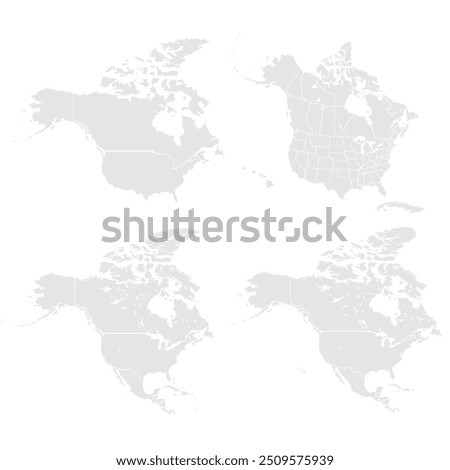 Detailed Map of North America with isolated countries.United States, Canada ,Mexico. New York City, Los Angeles, Chicago, Toronto, Mexico City, Washington D.C., Miami, San Francisco, Houston.