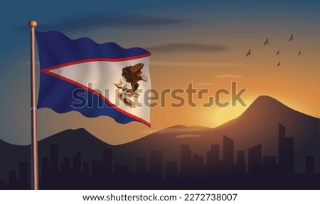 American Samoa flag with mountains and morning sun in the background