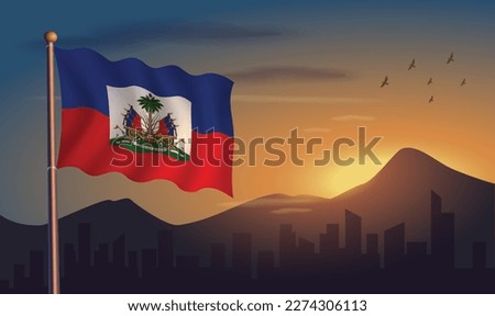 Haiti flag with mountains and morning sun in the background