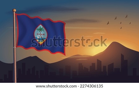 Guam flag with mountains and morning sun in the background