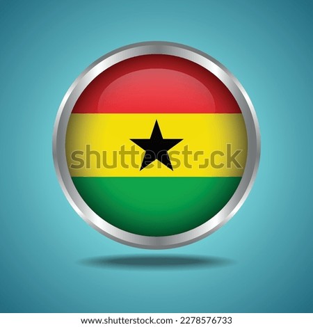The Ghana flag. Round glossy. Silver frame. Isolated on color gradient background