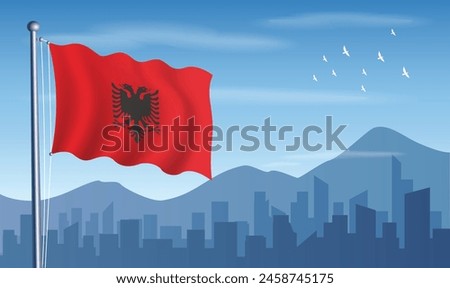 Albania Flag with building silhouette and blue sky. National Day, Flag Day, Remembrance Day.