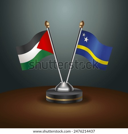 Palestine and Curacao flag together. Small table flag with color gradient background