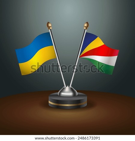 Ukraine and Seychelles flag together. Small table flag with color gradient background
