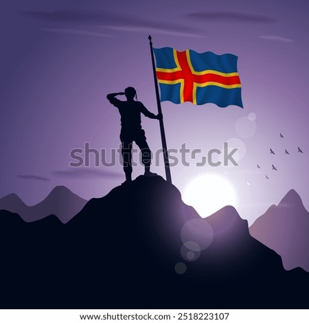 Aland Islands Flag hoisted on a mountain peak with a purplish sunset in the background, vector illustration