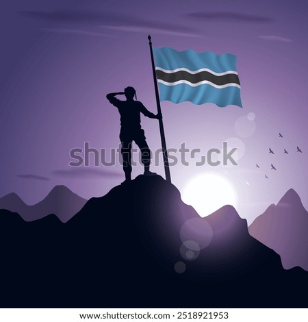 Botswana Flag hoisted on a mountain peak with a purplish sunset in the background, vector illustration