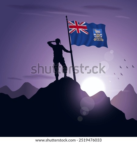 Falkland Islands Flag hoisted on a mountain peak with a purplish sunset in the background, vector illustration