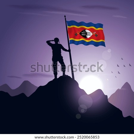 Swaziland Flag hoisted on a mountain peak with a purplish sunset in the background, vector illustration