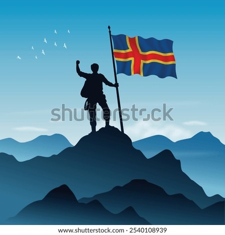 Aland Islands Flag raised on a mountain peak with clear sky in the background, vector illustration
