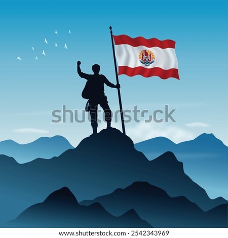 French Polynesia Flag raised on a mountain peak with clear sky in the background, vector illustration