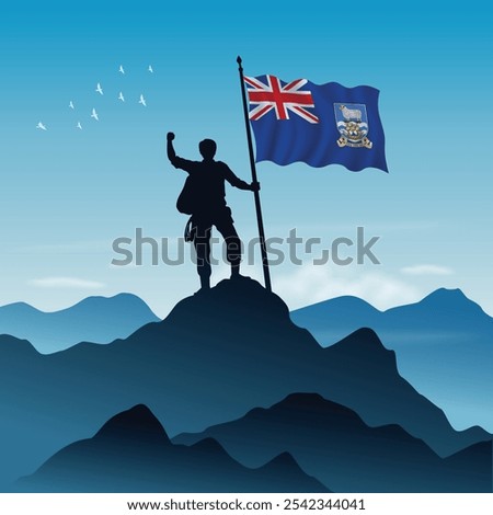 Falkland Islands Flag raised on a mountain peak with clear sky in the background, vector illustration