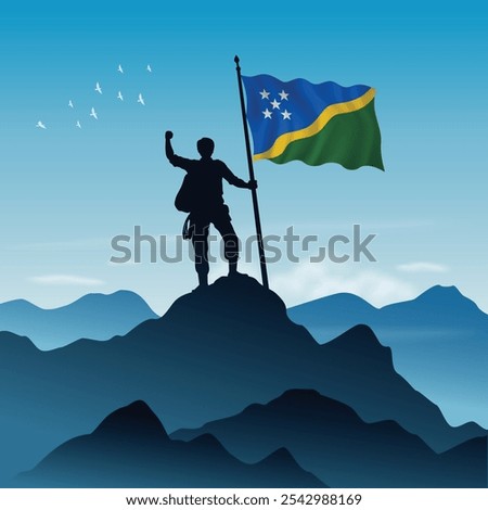 Solomon Islands Flag raised on a mountain peak with clear sky in the background, vector illustration