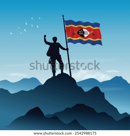 Swaziland Flag raised on a mountain peak with clear sky in the background, vector illustration