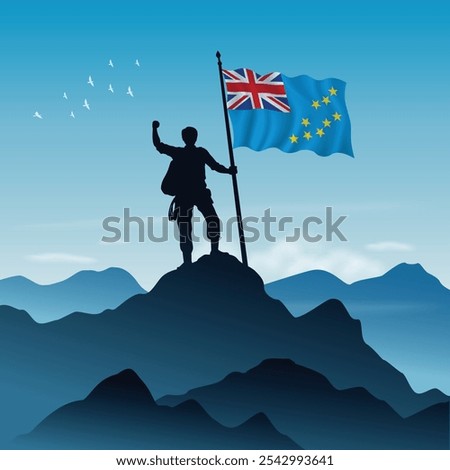 Tuvalu Flag raised on a mountain peak with clear sky in the background, vector illustration