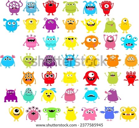 Funny cartoon monsters. Set of cartoon vector scary colorful monsters troll, cyclops, ghost, monsters and aliens. Halloween design