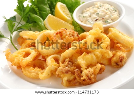 fried calamari, fried squid with tartar sauce