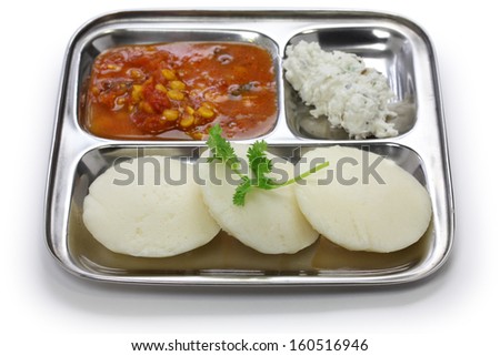 idli, sambar and coconut, south indian breakfast on stainless steel plate
