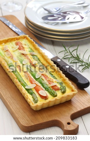 homemade vegetable quiche. asparagus, carrot, almond slice quiche.