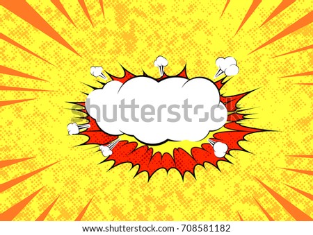 Pop art graphic explosion speed cloud bright retro background template. Comic speech blast bubble. Cartoon sound bubble speech over yellow dotted layout. Vector illustration