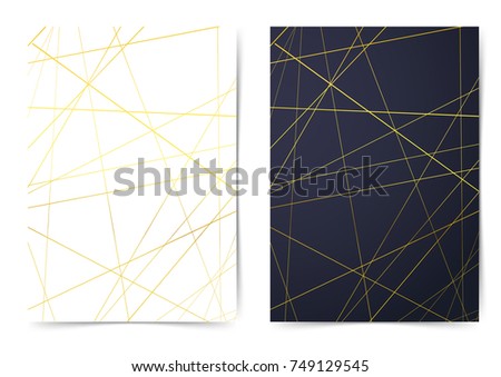 Golden abstract thin line pattern folder collection. Bright gold metallic stripes over white page and over dark blue layout. Vector illustration