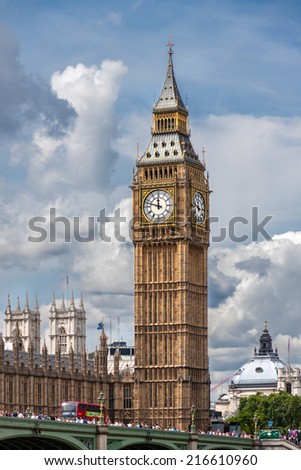 LONDON, UNITED KINGDOM - AUGUST 4: The Elizabeth Tower on August 4, 2014 in London. The Clock Tower, named in tribute to Queen Elizabeth II in her Diamond Jubilee, more popularly known as Big Ben.