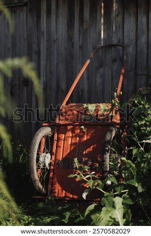 Similar – Foto Bild Eine alte rostige Schubkarre mit einem dicken schwarzen Ballonreifen versucht sich in einem Fliederbusch zu verstecken, was ihr aber nicht ganz gelingt