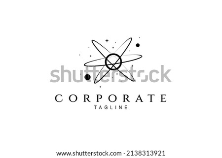 Vector logo design of a planet surrounded by orbital lines with constellations of stars around it.