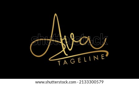 Elegant golden Ava name vector signature logo design.Manual identity autograph signature sign.Gold Signature For Document On black Background.Isolated hand drawn name logo design.