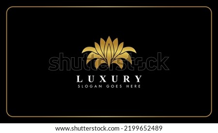 Golden abstract blooming lotus flower vector logo design, Luxury gold Blooming lotus flower monogram icon.