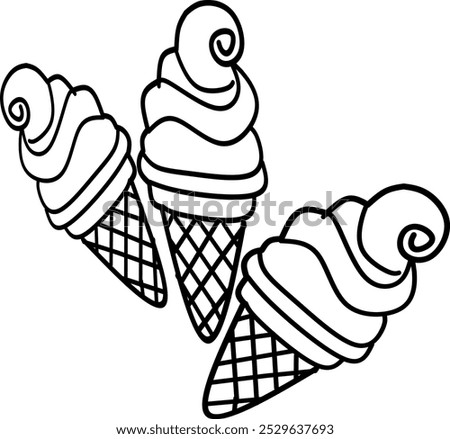 simple cute three of ice creams handrawn, clean thick black and white outline only, kids colouring book for age 5-10 years old