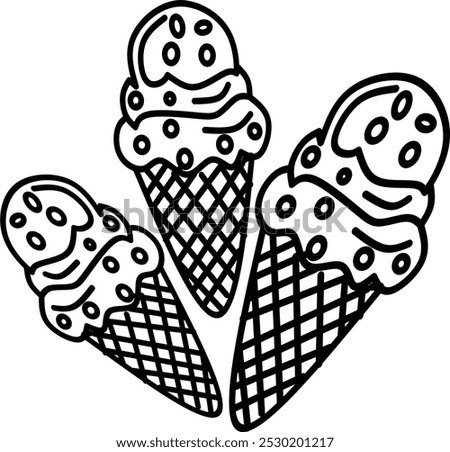 simple cute three of ice creams, clean thick black and white outline only, kids colouring book for age 5-10 years old, and easy to draw