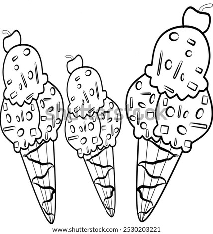 simple cute three of ice creams, clean thick black and white outline only, kids coloring book for age 5-10 years old, and easy to draw