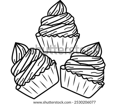 simple cute three of ice creams or cupcakes , clean thick black and white outline only, kids coloring book for age 5-10 years old, and easy to draw