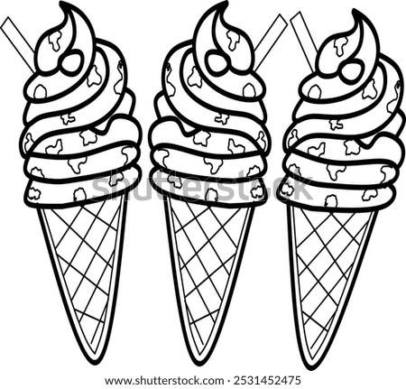 simple cute three of ice creams, clean thick black and white outline only, easy to draw and for kids colouring book at age 5-10 years old