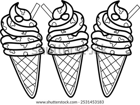 simple cute three of ice creams, clean thick black and white outline only, easy to draw and for kids colouring book at age 5-10 years old