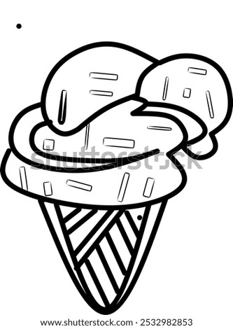 simple cute an of ice cream, clean thick black and white outline only, easy to draw and for kids colouring book at age 5-10 years old