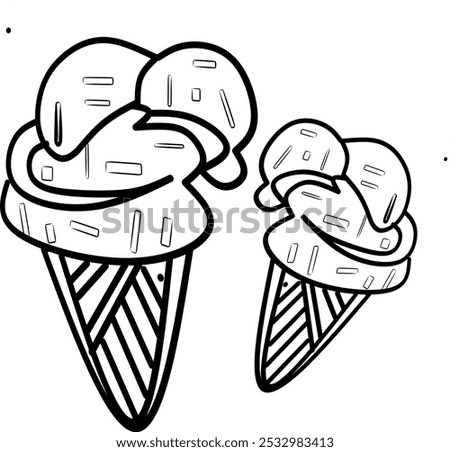 simple cute two of ice creams, clean thick black and white outline only, easy to draw and for kids colouring book at age 5-10 years old