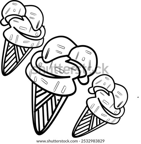 simple cute three of ice creams, clean thick black and white outline only, easy to draw and for kids colouring book at age 5-10 years old